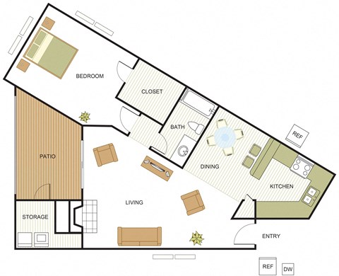Floor plan for 1 bed, 1 bath, 832 sqft